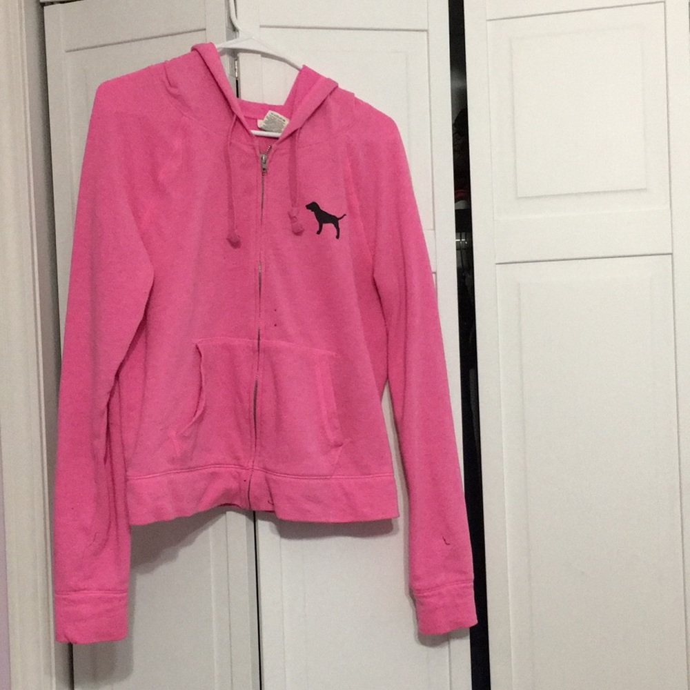 VS bright pink hoodie with lettering on back